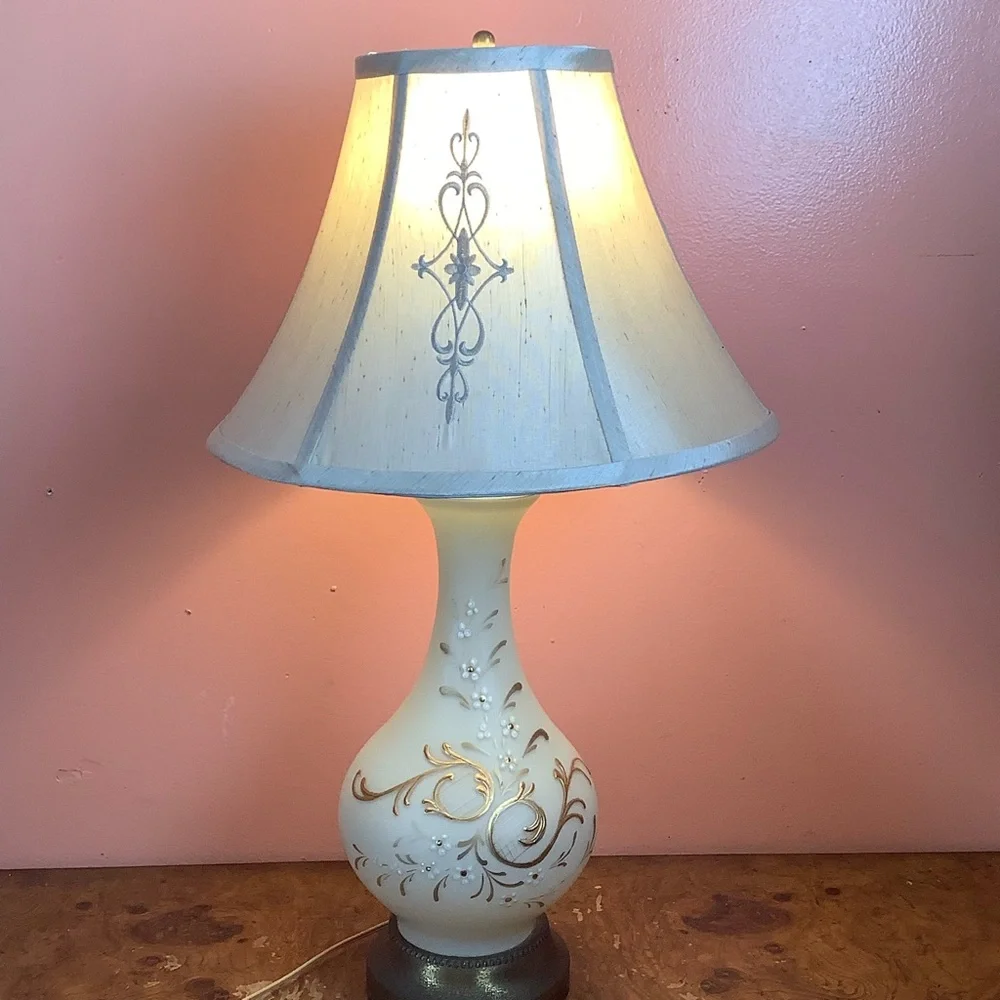Vintage Bristol Milk Glass 25” Lamp Gold Floral Scrollwork, Modern Fabric Shade